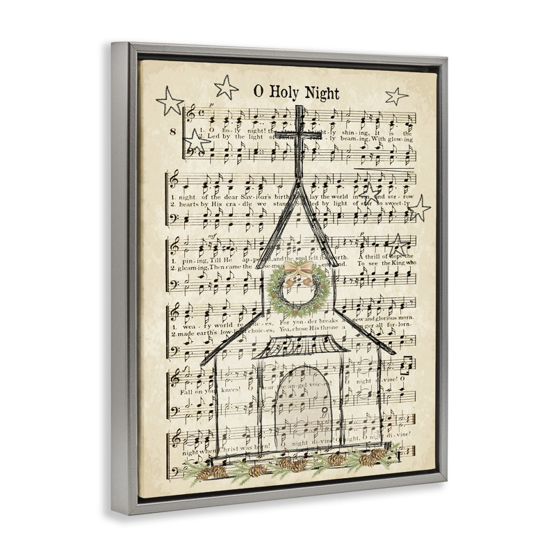 «Festive Sainte Night», écriture musicale sur toile à grain brun encadrée par Andi Metz, H 21 po x l 17 po
