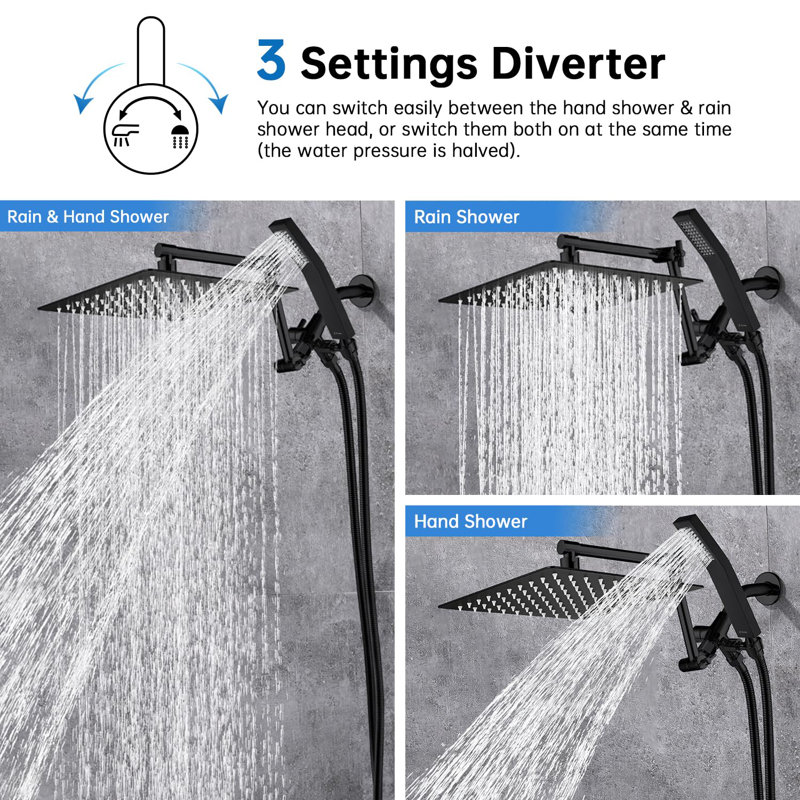 12 Inch Rainfall Shower Head, With Handheld Spray Combo,Adjustable Extension Arm, 3 Settings Diverter, 71 Inch Hose