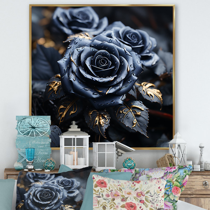 Midnight Black Roses Bouqet II - Roses, art mural, Cadre flottant doré, H 16 po x l 16 po x P 1 po