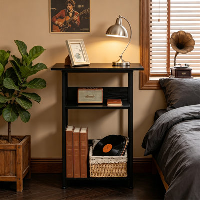 Support pour tourne-disque avec station de charge, table de bout à 3 niveaux pouvant contenir 100 albums