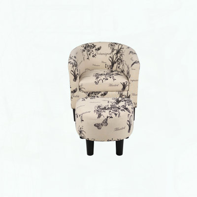 Vintage-Inspired Accent Chair with Ottoman, Script Fabric & Curved Back
