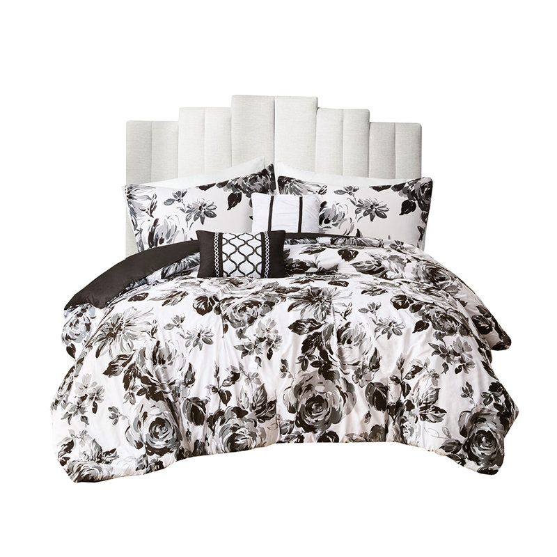 Très grand / très grand lit avec imprimé floral - ultra doux, 2 taies décoratives et coussins décoratifs, motif noir et blanc, rembourrage d'édredon lavable à la machine, microfibre douce, gracieux