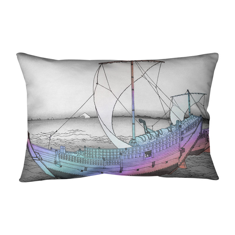 Katsushika Hokusai Outdoor Reversible Throw Pillow, Red/Blue Ship
