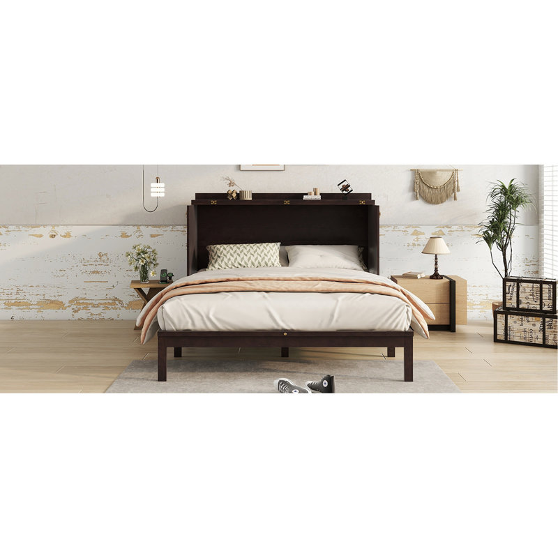 Grand lit escamotable, armoire-lit en bois de pin avec centrale électrique et panneau de décoration en rotin, espresso