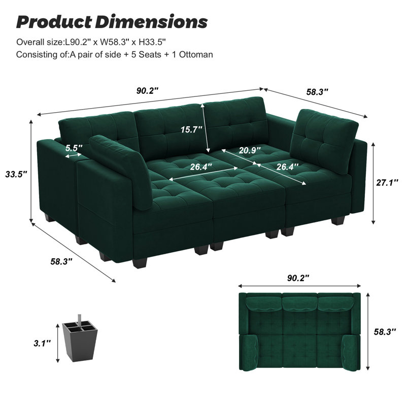 Canapé modulaire rembourré 7 pièces Soneson, Velours vert