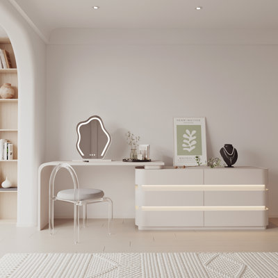 Rajni Expandable 51.18 '' - 90.55 '' Modern Makeup Vanity with Integrated Lighting, Multiple Storage Spaces (6-Drawers)