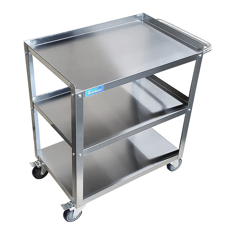 Stainless Steel. 3 Shelf Metal Utility Cart on Wheels with Handle, 33" H x 24" W x 15" D