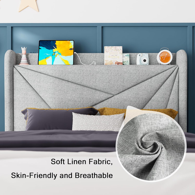 Twin Bed Frame, Upholstered Bed Frame with Charging Station