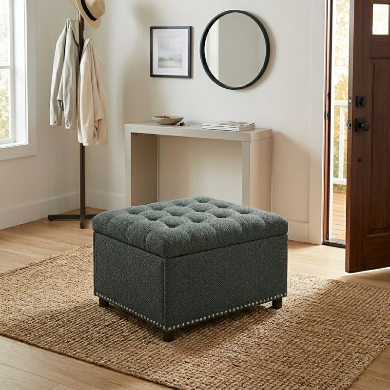 Repose-pieds capitonné avec rangement clouté de 30 po et garniture cloutée, gris foncé, Gris foncé