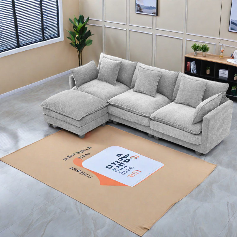 Canapés gris en forme de L avec repose-pieds avec rangement, moderne et compact