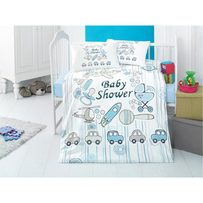 Ensemble de housse de courtepointe 100% coton Ranforce Baby, blanc et gris avec détails bleus et noirs | Housse de couette 39,4 po x 59,1 po, drap plat 39,4 po x 59,1 po, 2 taies d'oreiller 13,8 po x 17,7 po | Fermeture à boutons et enveloppes, contextu