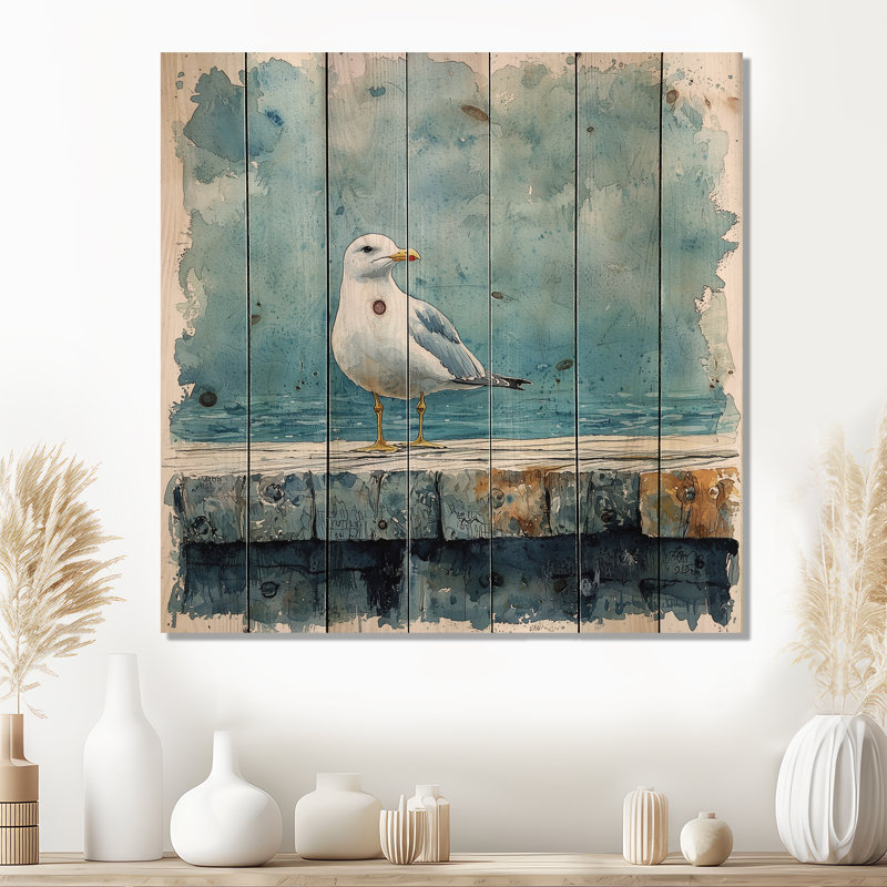 Mouette sur le quai I - Décoration murale en bois d'oiseau - sur bois de pin naturel, H 30 po x l 30 po x P 0,78 po