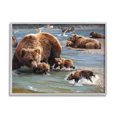 «Grizzly Bear Family Fishing» encadré sur bois par Bonnie Marris, peinture