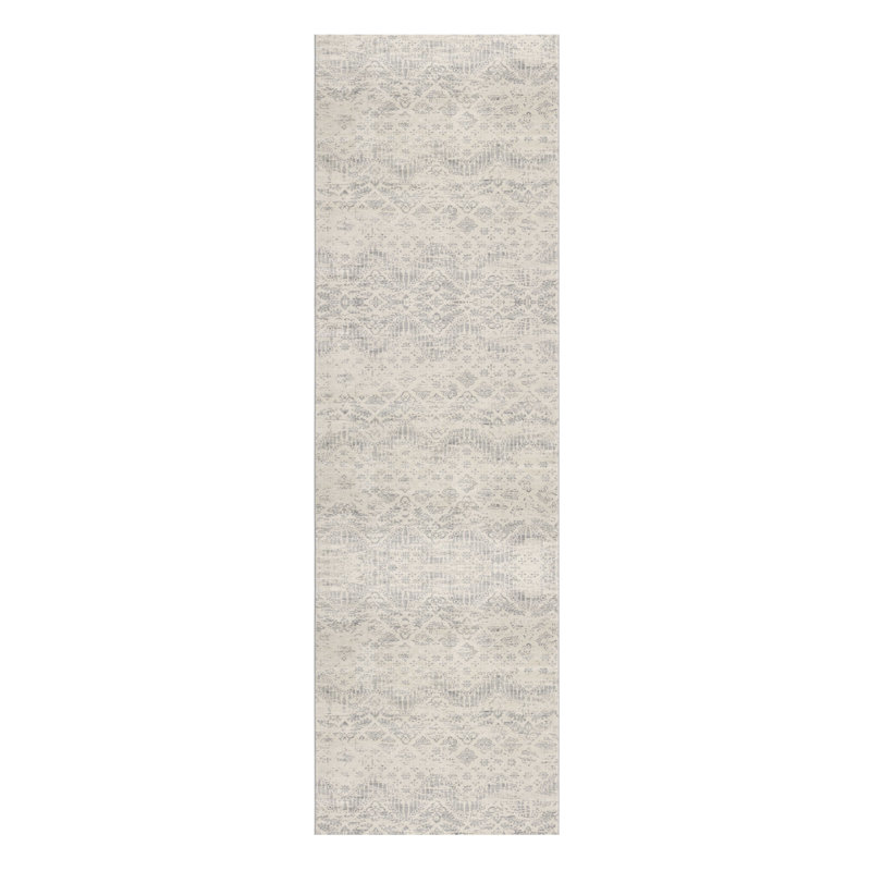 2’ X 6’ Ivory Distressed Ikat Pattern Area Rug