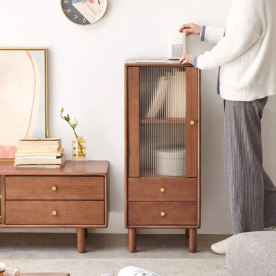 Armoire de chambre à coucher moderne avec porte - couleur café, 2 tablettes, tiroirs et porte de coin en verre rétro couleur de salon en bois de pin, construction
