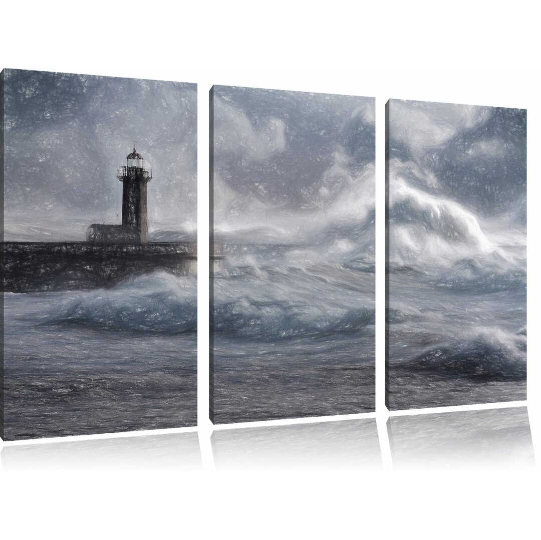 3-tlg. Leinwandbilder-Set „Sturmwellen Leuchtturm Portugal“, Grafikdruck