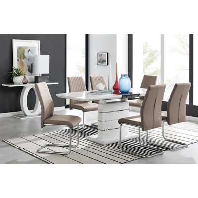 Renne Modern High Gloss Extendable Dining Table Set With 8 Upholstered Faux Leather Dining Chairs