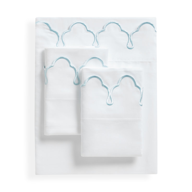 Scalloped 100% Cotton Standard Sheet Set, Queen Sheet Set, Light Blue