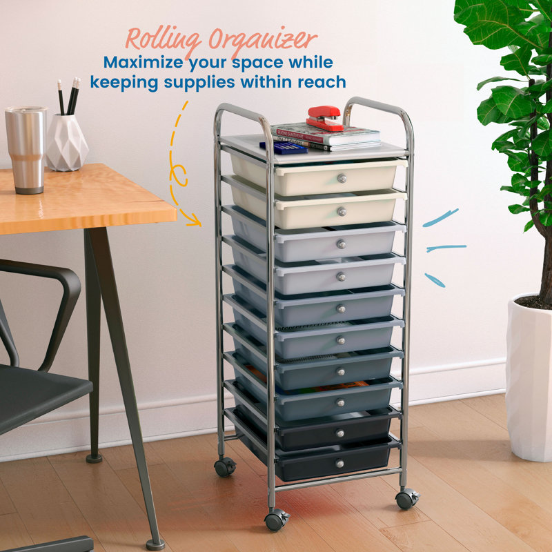 Grey Ombre 10-Drawer Rolling Storage Cart with Chrome Frame