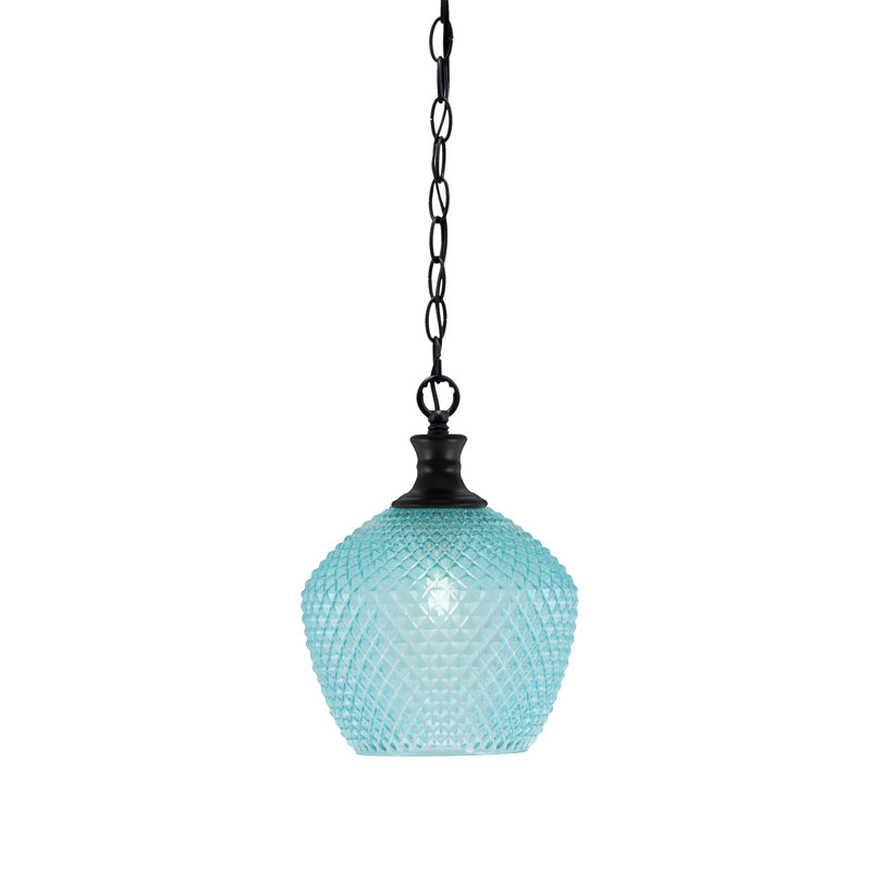Pendentif Zola à chaîne, 23 cm, en verre texturé turquoise, Noir mat