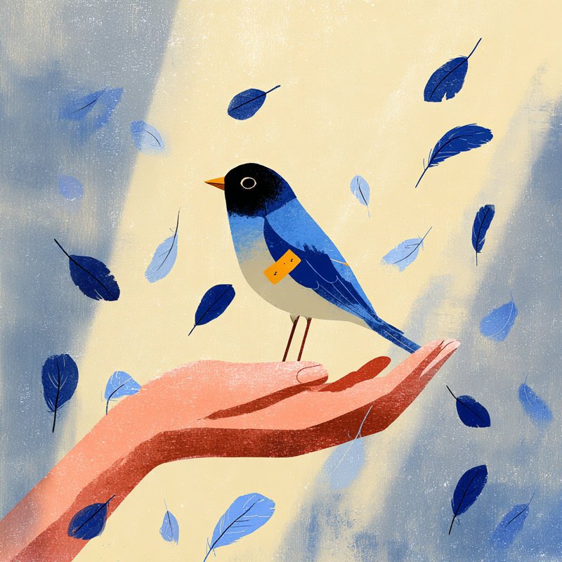 Perchoir doux - Illustration d'un oiseau chanteur bleu, H 30 po x l 30 po