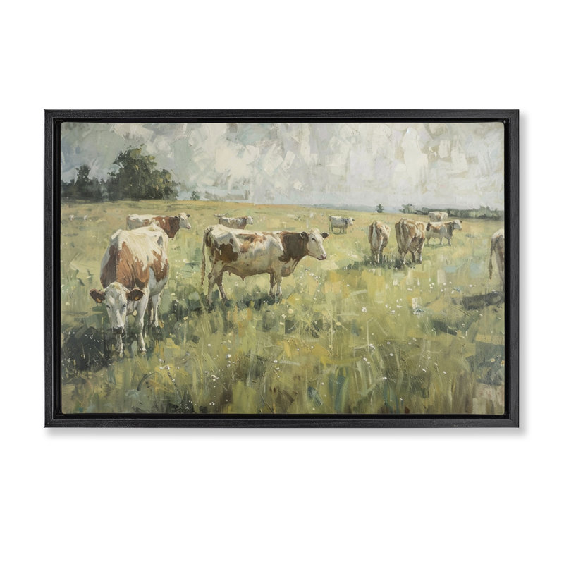  Toile flottante encadrée «Roking Cows in Grasslands» par LSR Design Studio, H 17 po x l 25 po, Cadre flottant noir de jais