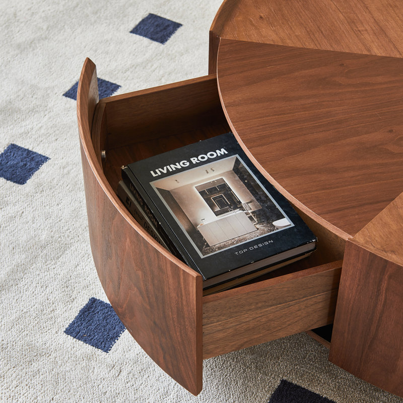 Kemberton Walnut Round Coffee Table with Storage Drawers Black Base, 12.6" H x 39.37" L x 39.37" W