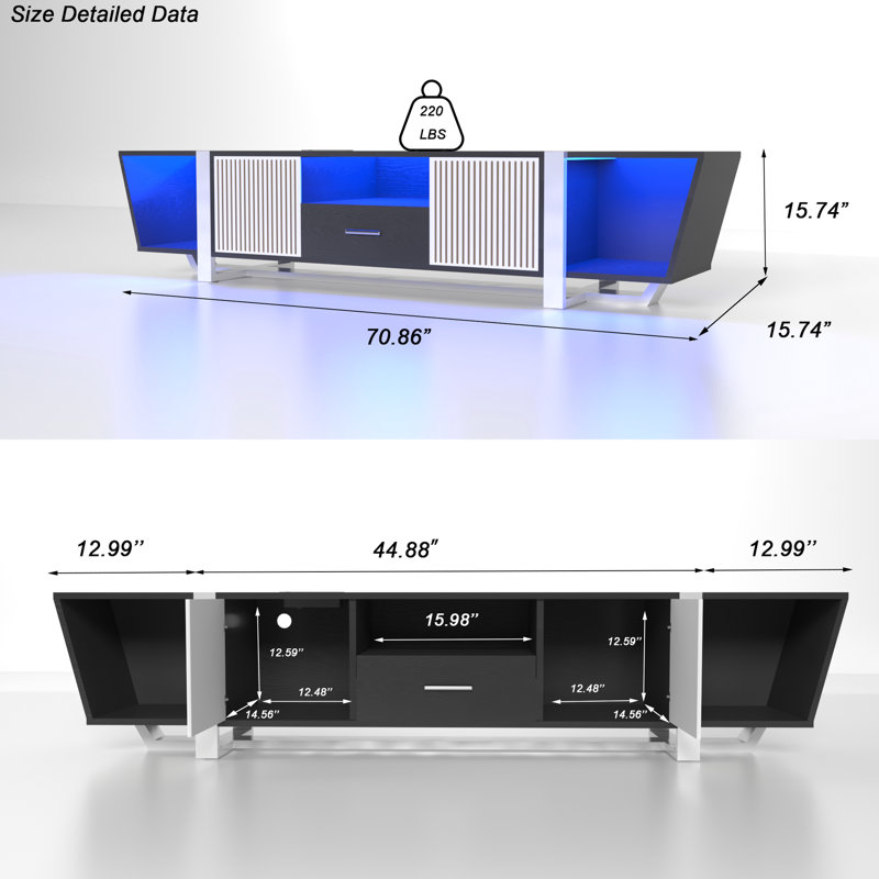 Console de télévision avec 71,19 po de profondeur et DEL télécommandée, grand éclairage noir de rangement de 70 po, paquet de 46,2 po