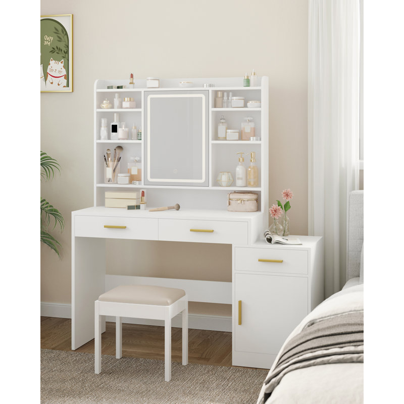 Large Vanity Desk with Light Mirror, Makeup Vanity Dressing Table with 3 Drawers, Adjustable Shelves, Storage Cabinet, Bedroom Vanity Table for Women‘s Day (White)