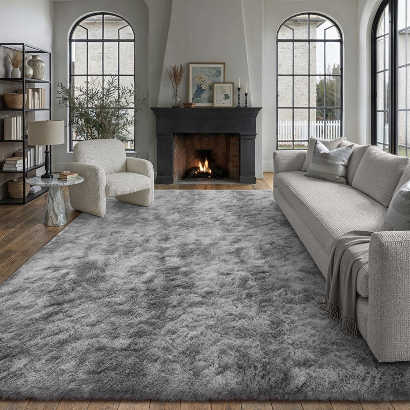 Tapis à poil long Tie Dye, Rectangulaire 8 pi x 10 pi, Gris