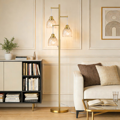 Lampes sur pied dorées à intensité variable de 66 po pour le salon, lampe sur pied rétro avec abat-jour en verre transparent, 3 lampes sur pied fleuries de style Mid-Century pour chambre à coucher, bureau
