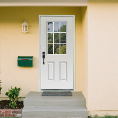 Porte d'entrée extérieure en fibre de verre moderne 9-Lite avec finition blanche grain de chêne