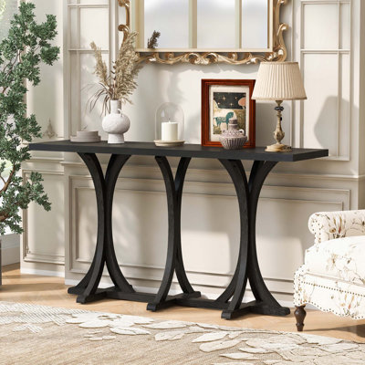 Console en bois 59,8 po avec plateau en placage de chêne, pieds incurvés en bois d'hévéa, parfaite pour le salon, le vestibule, le couloir