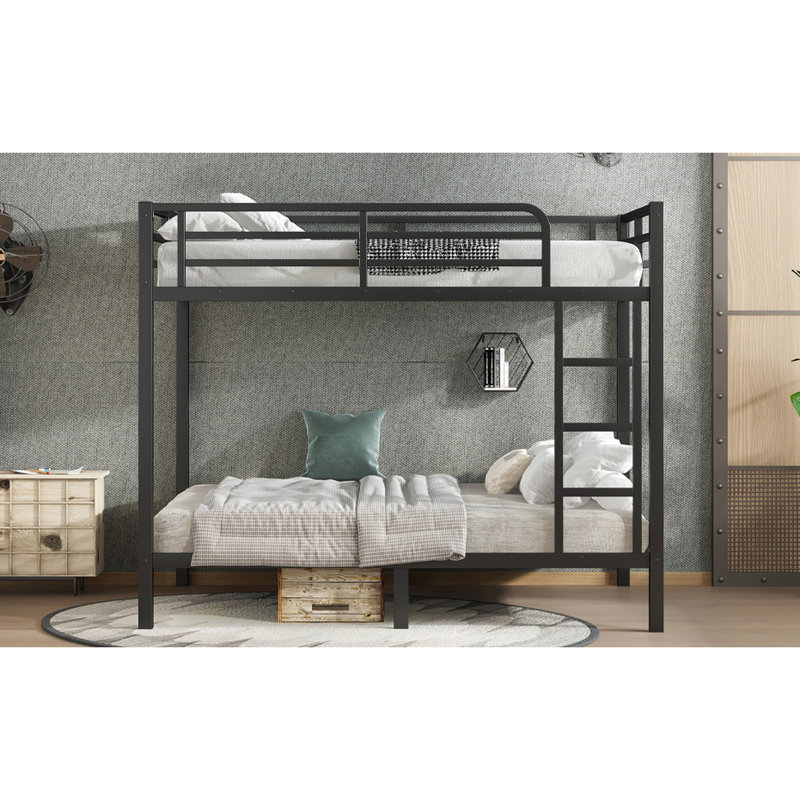 Lit superposé double au-dessus en métal noir, solution peu encombrante, sommeil silencieux, conception avec rails latéraux et lit facile à installer en noir