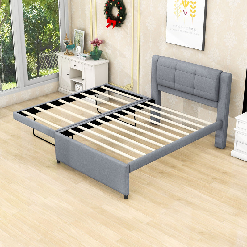 Lit plateforme double avec lit gigogne escamotable double et tête de lit double, Gris