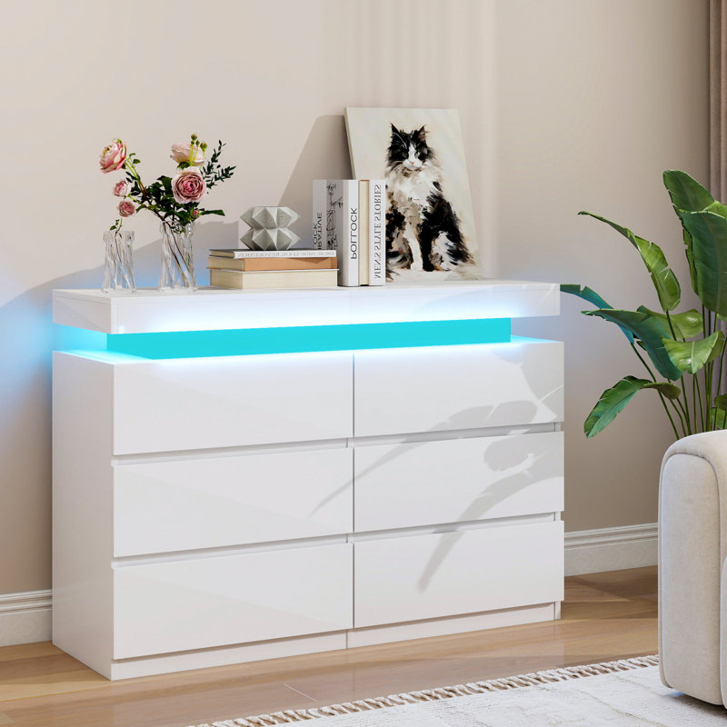 6-Drawer Dresser, White Dresser, LED Lighted Dresser, Bedroom Storage, Chest Of Drawers, Power Outlet, Motion-Activated LED, USB Rechargeable, Anti-Tip, Entryway Organizer