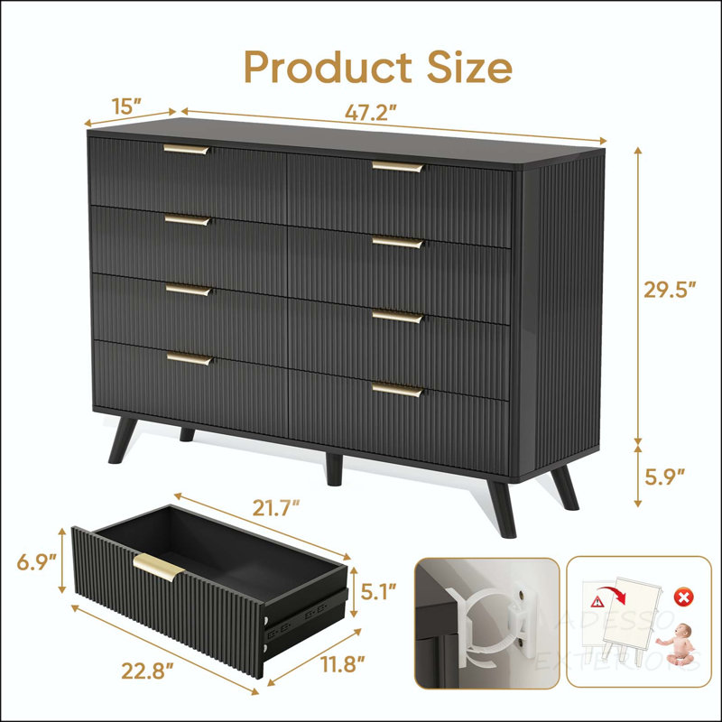 8-Drawer Fluted Dresser - Compact Vertical Storage, Black