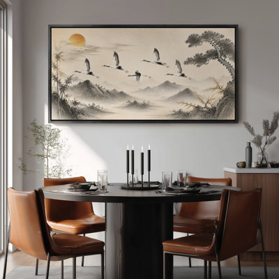 Large Framed Canvas Wall Art - Asian Mountain Cranes Landscape Decor - 60"x20", 60"x30"