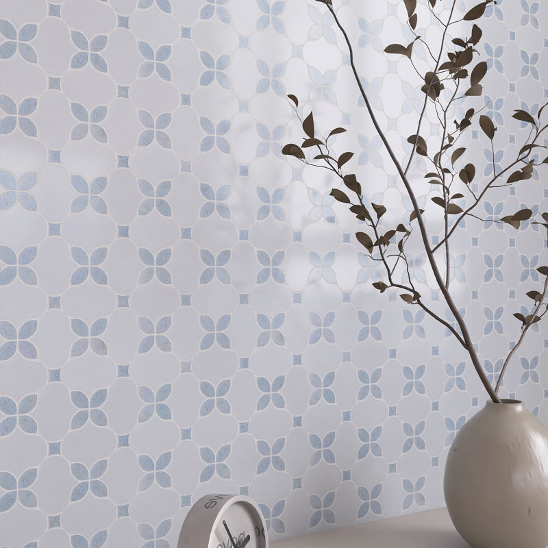 Clover Bloom 11.82 in. x 11.82 in. Floral Polished Marble Mosaic Tile, White/Blue