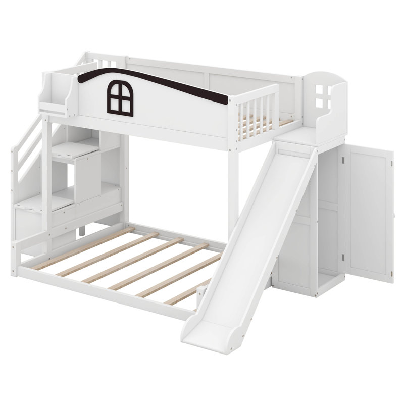 Lit superposé simple au-dessus du plancher double avec escalier et garde-robe, lit superposé pour enfants avec glissoire et rangement