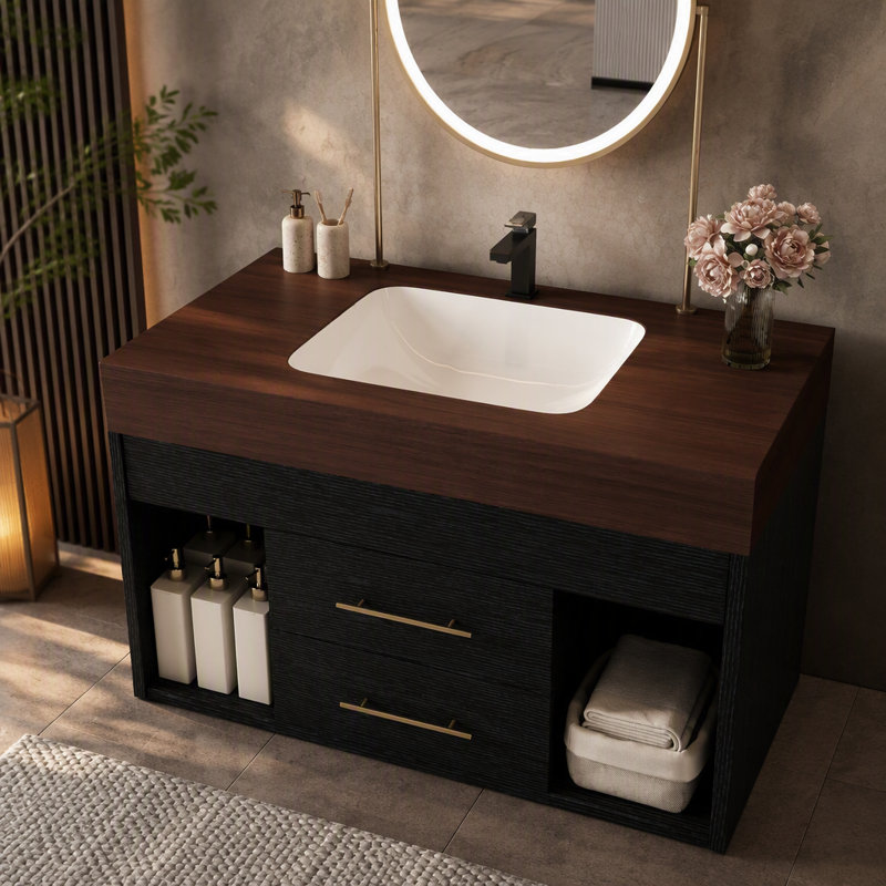 Ensemble de meuble-lavabo mural flottant 29,9 po, Noir, noyer