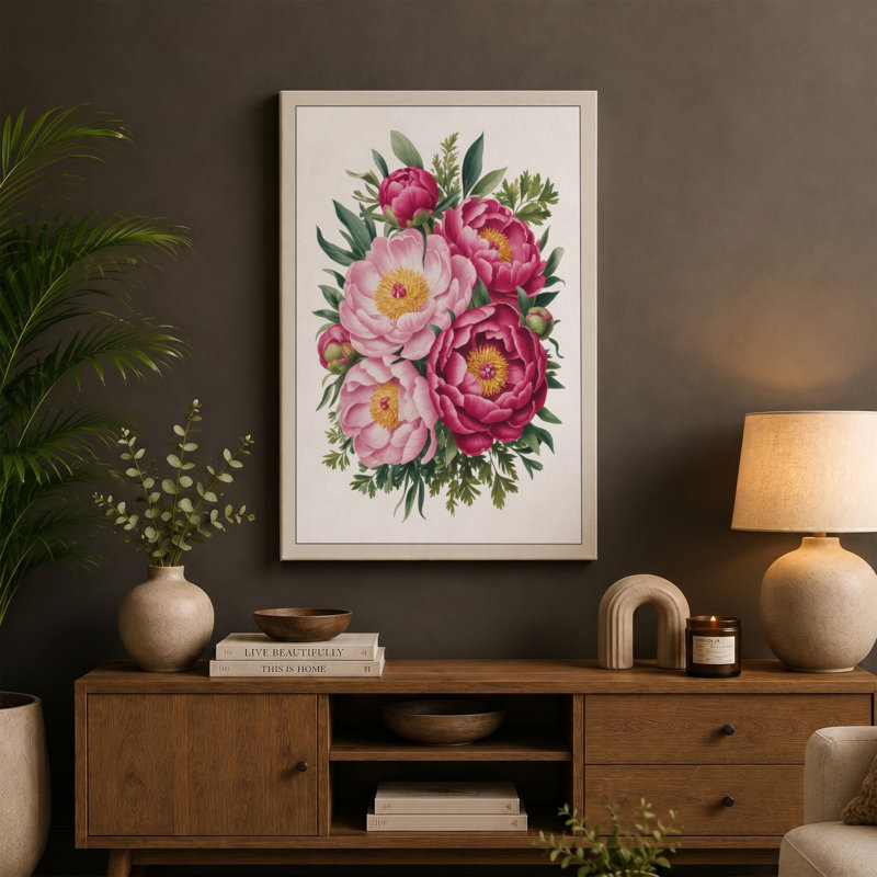 Peony Bloom Study Botanical - Wrapped Canvas, 36x24 - 91.4 x 61.0 cm, Ochre Border