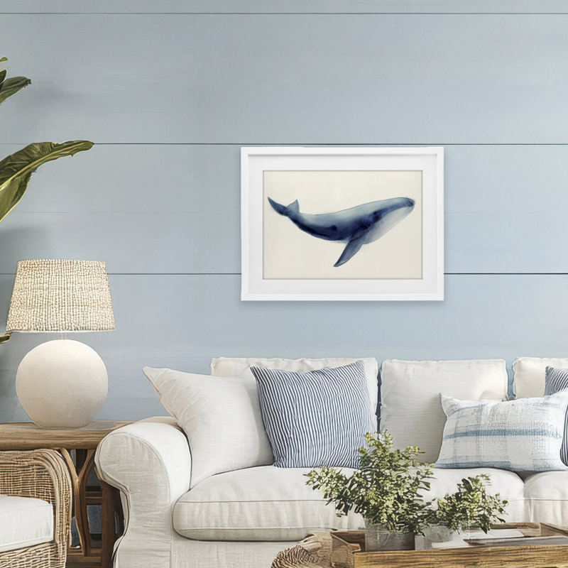 Baleine géante douce et douce encadrée sous verre, design par Lily K., H 17 po x l 23 po, Cadre blanc côtier