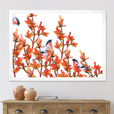 Volée de bouvreuils sur branches orange - Peinture sur toile