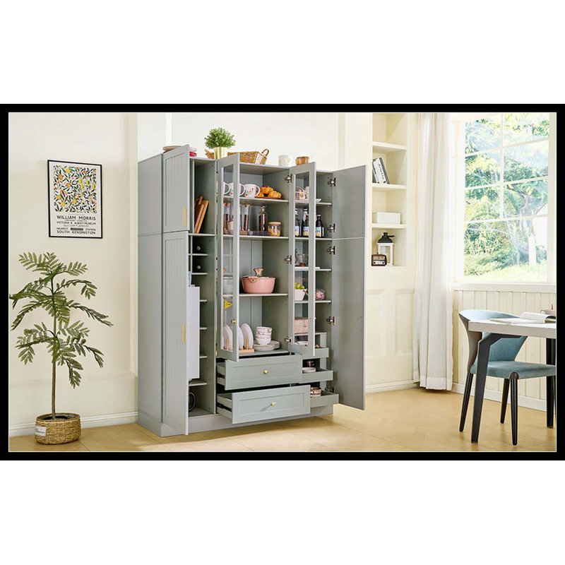[Vidéo d'assemblage disponible] Grand garde-manger moderne avec 6 portes, armoire de rangement de 53,2 po x l 17,7 po avec tiroirs, tablettes réglables, plateaux coulissants et support à vin pour la salle à manger, vert