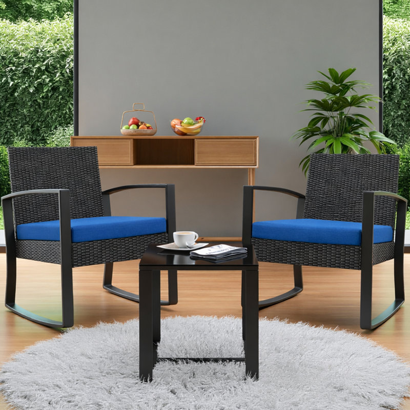 Ferlin 2-Person Outdoor Set – Wicker/Metal/Wood, Waterproof Cushions & UV-Resistant Frame, Blue