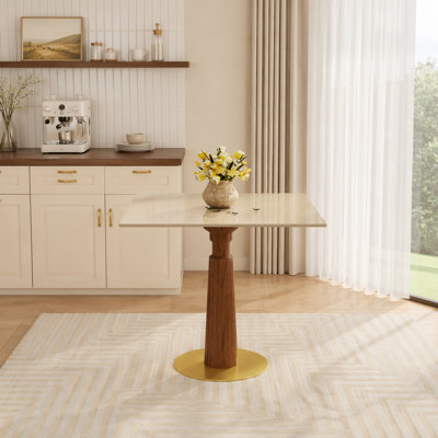 Table de salle à manger moderne carrée, table en pierre des cavernes en ardoise matte de 33,5 po avec pieds en bois et base dorée, table de cuisine pour 2 personnes pour petit espace, capacité de poids de 150 lb (seulement la table de Négociation)