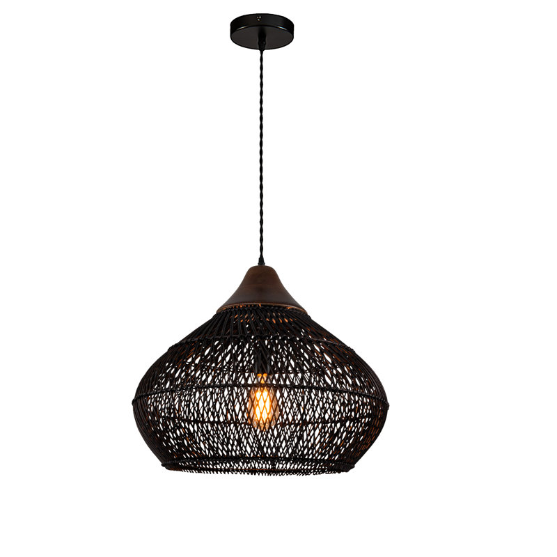 Derri 1-Light Coastal Large Rattan Pendant Light Rustic Wood Accent Ceiling Light, Matte Black, Black