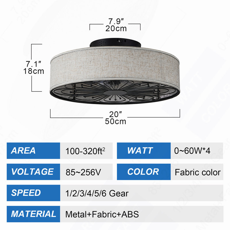 Ventilateurs de plafond en cage avec lumières encastrées, ventilateur de plafond à profil bas avec télécommande, ventilateur de ferme blanc de 20 pouces pour chambre à coucher, Fandalier silencieux réversible à 6 vitesses (ampoule non incluse)