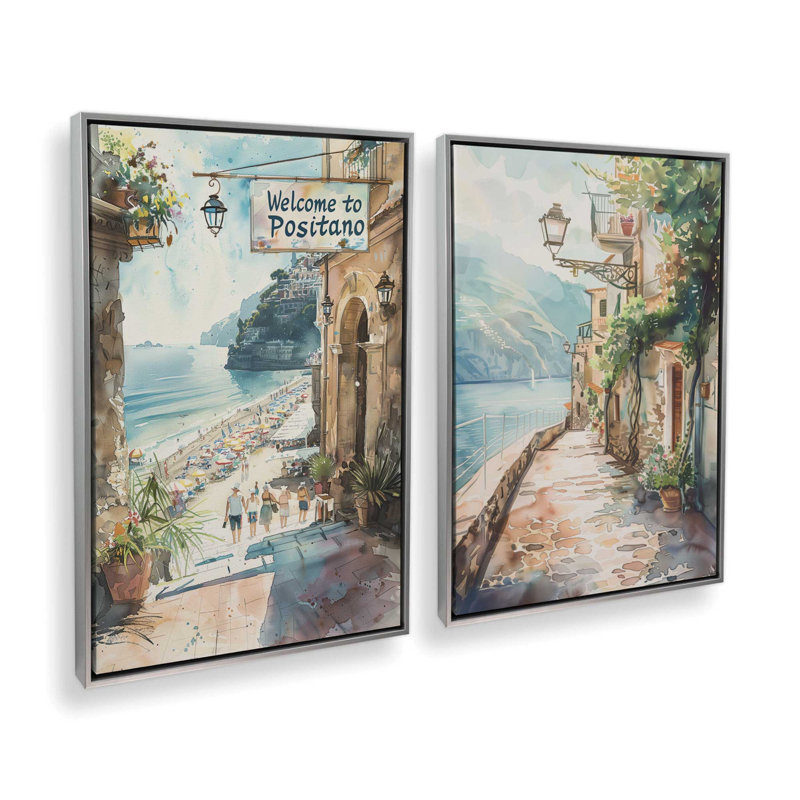 Ensemble de 2 pièces "Coastal Greeting On Canvas" par Azure Artisanal Studio, Cadre flottant en chrome poli